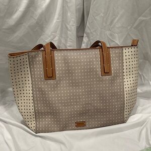 Fossil Beige and Cream Perforated Tote with Tan Trim